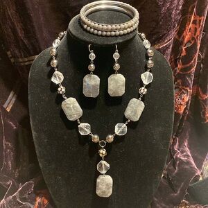 Polished stone set.  12.5” long necklace beaded silver tone, bracelet, earrings